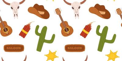 Seamless pattern western elements cowboy hats, cacti, guitars, bull skulls, dynamite sticks, and sheriff badges. Design is perfect for use in textiles, wallpapers, and other Wild West theme vector