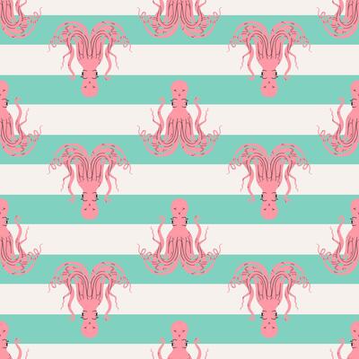 Octopus seamless pattern flat . Cute cartoon style sea and ocean creature, animal. Symmetrical square composition, for print design, wallpaper, wrapping paper or web.