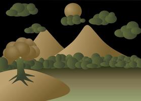 A cartoon illustration of a mountain range with trees and a tree vector
