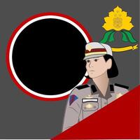 A woman in uniform is in front of a black and red frame vector