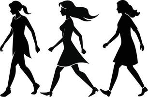 A set of a woman walking silhouette art illustration design with no background and using pure black color. vector