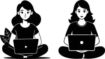 A set of a young females Freelancer working with laptop silhouette art illustration design with no background vector