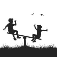 Silhouette of two boys playfully balancing on a seesaw in a park, birds flying in the sky. vector