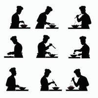 Silhouettes of a chef performing various cooking tasks, showcasing culinary skills and artistry in a professional kitchen setting. vector