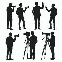 Silhouettes of men with megaphones and cameras, depicting communication and film-making. vector