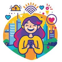 Smiling woman using smartphone against a colorful cityscape with icons representing connectivity and love. vector