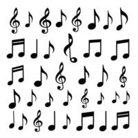 A collection of various musical notes and symbols in black, arranged on a white background. vector