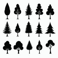Silhouetted tree icons of various shapes and types on a white background, showing diverse tree forms and structures. vector