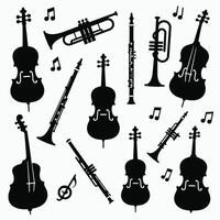 Silhouettes of orchestral instruments and musical notes creating a harmonious visual symphony. vector