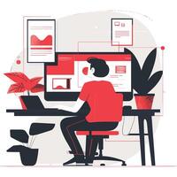 Stylized illustration of person working at computer desk, surrounded by plants and digital documents in a minimalist red and black palette. vector