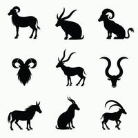 Silhouettes of various horned animals, including goats, antelopes, and rams, set against a white background. vector
