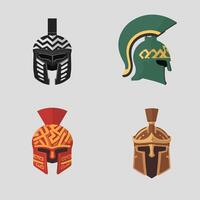 Illustration of four ancient helmets featuring diverse designs and colors on a light background. vector