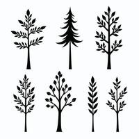 A collection of six stylized tree silhouettes against a white background, showcasing diverse shapes and leaf patterns. vector