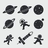 Silhouette icons of astronauts, planets, and a satellite, depicting space exploration themes in a minimalist style. vector