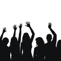 Silhouettes of diverse people raising their hands in a gesture of enthusiasm and unity against a white background. vector
