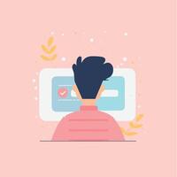 Minimalist illustration of person facing computer screen with checkmark, depicting online task completion on soft pink background vector