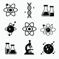 Scientific icons depicting DNA, atoms, flasks, and a microscope in a minimalist black and white style. vector