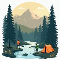 Two hikers with backpacks near a stream with an orange tent set up, surrounded by tall pine trees, against a backdrop of majestic mountains. vector