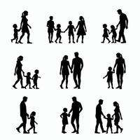 Silhouettes of diverse families interacting, showcasing unity and connection in various poses. vector