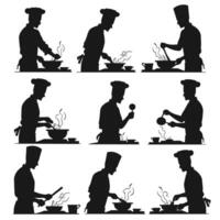 Silhouette of a male chef in various cooking poses, emphasizing culinary skills and creativity. vector