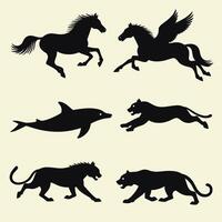 Silhouettes of majestic animals including horses, a dolphin, and big cats in dynamic poses on a neutral background. vector