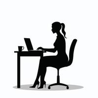 Silhouette of a woman working at a desk with a laptop and a cup of coffee, portraying a focused work environment. vector