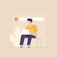 Cartoon man in yellow shirt using laptop, error message visible, minimalist illustration on beige background vector