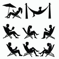 Silhouettes of diverse individuals reading in various relaxing poses, including hammocks and deck chairs, set against a minimalist white background. vector