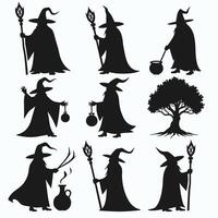 Silhouettes of wizards with pointed hats performing magical tasks against a light background. vector