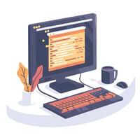 Stylized illustration of a computer workspace with coding screen, keyboard, mouse, coffee mug, and decorative plant leaves. vector