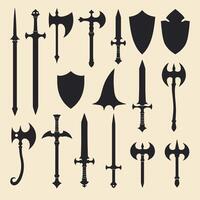 Silhouettes of various medieval weapons including swords, axes, and shields on a beige background. vector