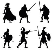 Silhouettes of ancient warriors with swords and shields in various poses. vector