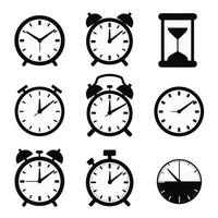 Illustration of various clock and timer designs in black and white, showcasing analog clocks, alarm clocks, and hourglasses in a minimalist style. vector