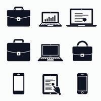 Collection of black icons featuring laptops, smartphones, tablets, and briefcases representing technology and business themes on a white background. vector