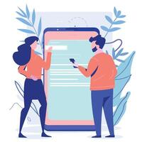 Stylized illustration of two people interacting with a large smartphone, surrounded by decorative leaves in a modern, minimalist design. vector