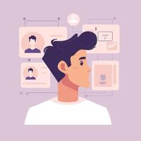Profile of young man with digital interface, showcasing social media and online communication concepts in stylized illustration vector