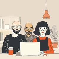 Two men and a woman collaborating on a project in a modern, minimalist office setting. vector
