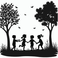 Silhouettes of children playing together in a park, surrounded by trees and flying birds. vector