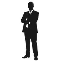 Silhouette of a confident man standing with arms crossed in a formal suit on an isolated white background. vector