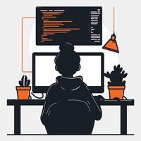 Silhouette of programmer working late, orange code on screen, desk lamp illuminating workspace with potted plants vector