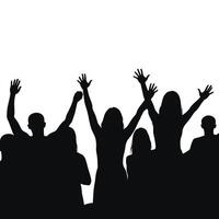 Silhouette of a diverse crowd of people raising their hands in celebration against a white background. vector