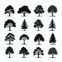 A collection of diverse tree silhouettes in a grid pattern, showcasing various shapes and sizes on a white background. vector