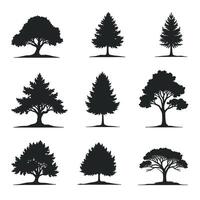Black silhouettes of various tree types against a white background, showcasing diverse shapes and foliage patterns. vector