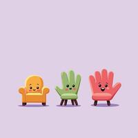 Three colorful cartoon chairs with happy faces on a pastel purple background, each displaying unique, playful designs. vector