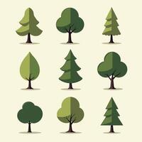 Collection of various stylized trees on a light background, showcasing different shapes and shades of green foliage. vector