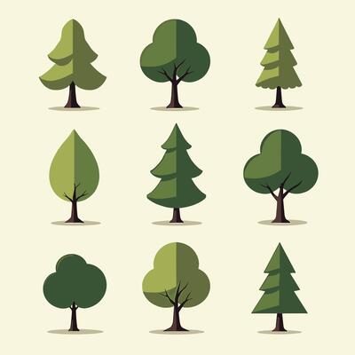 Collection of various stylized trees on a light background, showcasing different shapes and shades of green foliage.