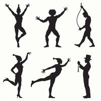 Silhouettes of playful performers in dynamic poses, showcasing dance and circus elements in whimsical attire against a light background. vector