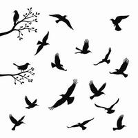 Silhouettes of birds flying and perched on branches against a white background, creating a serene and dynamic scene in nature. vector