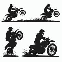 Silhouettes of motorcyclists performing stunts, showcasing dynamic movement and skill against a minimalist background. vector