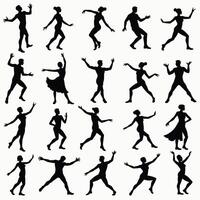 Silhouettes of diverse dancers in various dynamic poses create a lively and energetic scene against a plain background. vector